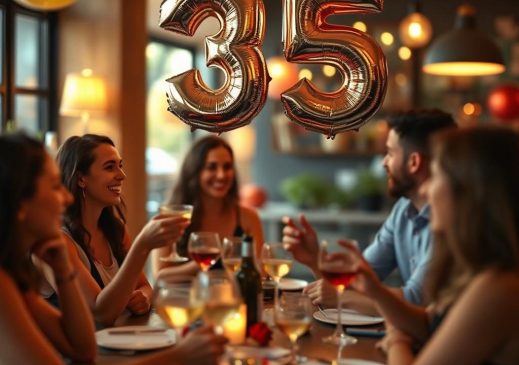 Банкет на юбилей 35 лет в ресторане, гости с бокалами вина и фольгированные шары-цифры