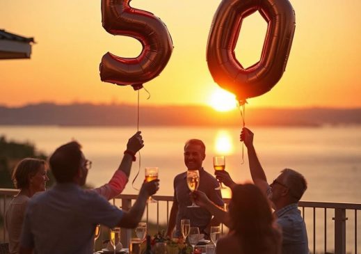 Празднование юбилея 50 лет на веранде у моря, гости поднимают бокалы на закате