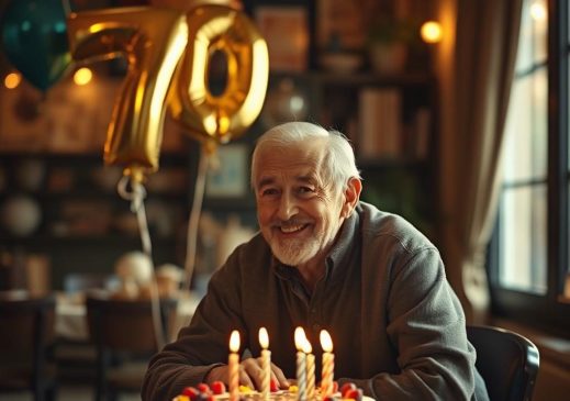 Празднование юбилея 70 лет дедушке, пожилой мужчина с тортом и золотыми шарами-цифрами